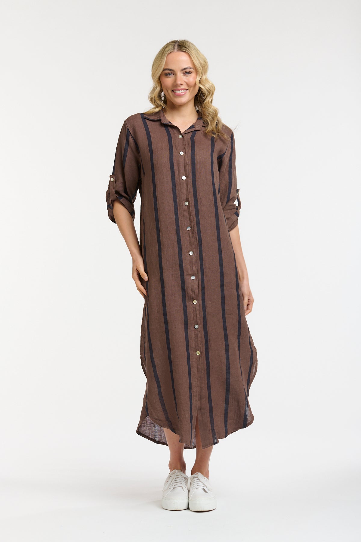 URBAN LUXURY Linen Stripe Dress CHOC/BLUE
