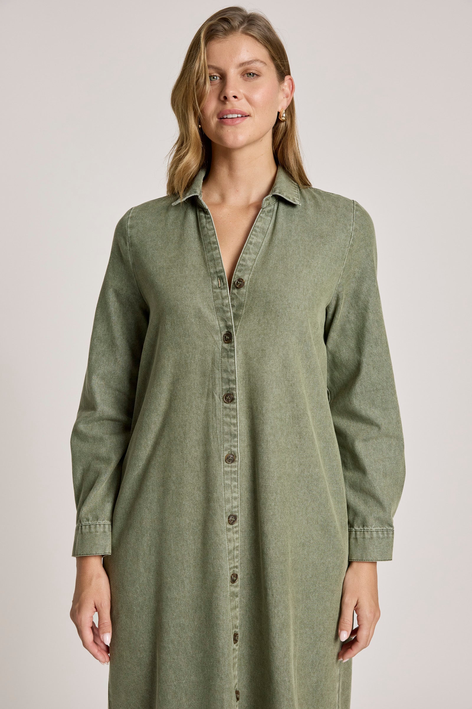 EB & IVE Bodhi Denim Shirt Dress OLIVE