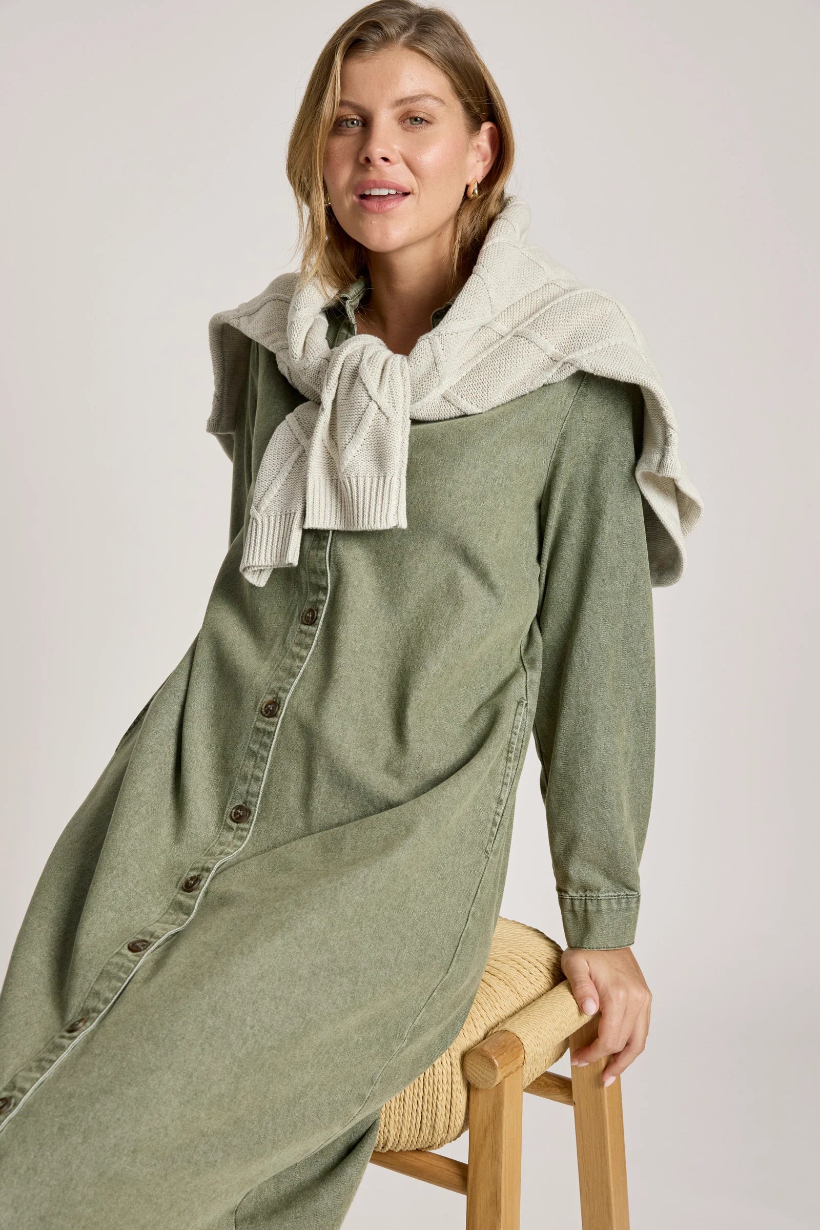 EB & IVE Bodhi Denim Shirt Dress OLIVE