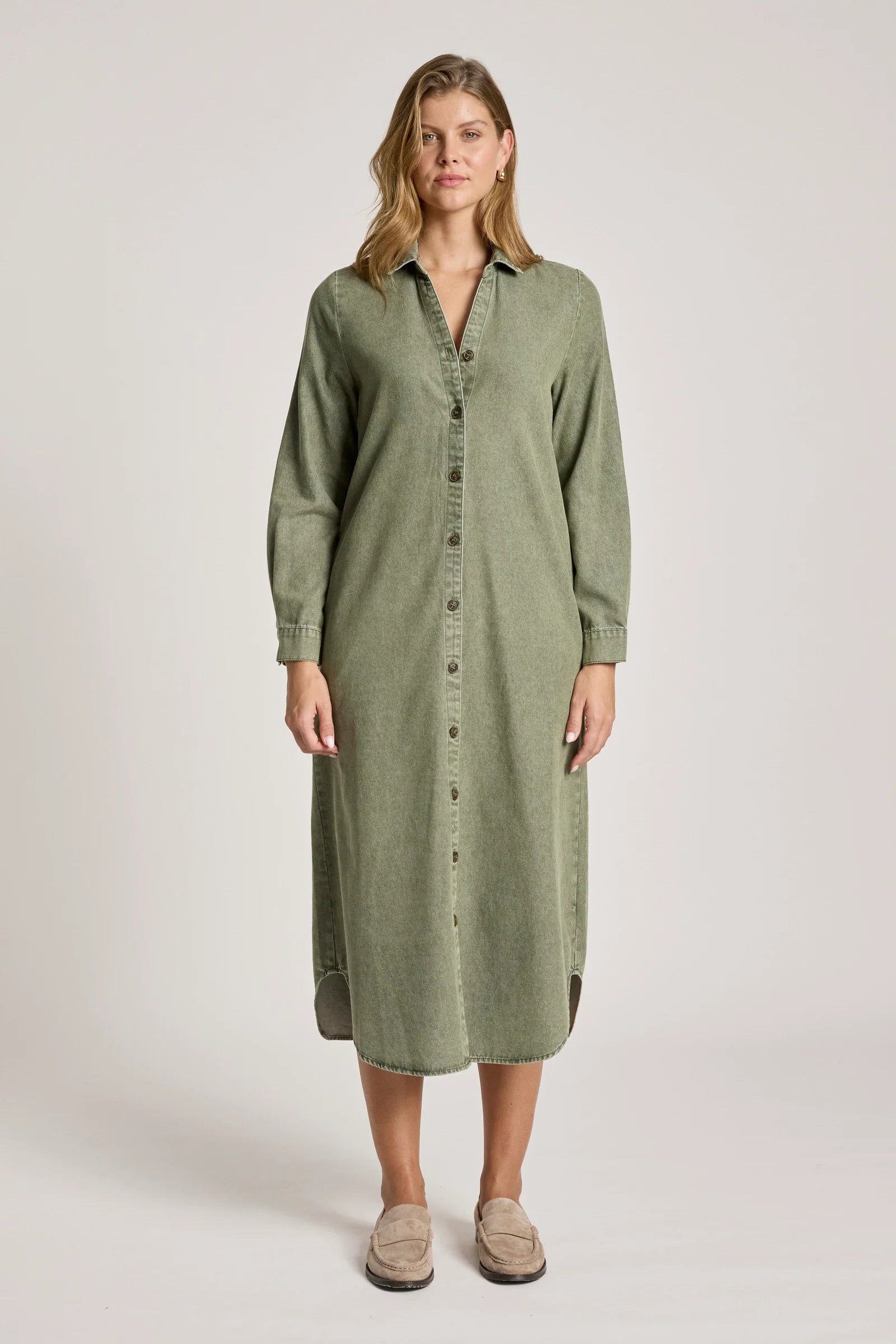 EB & IVE Bodhi Denim Shirt Dress OLIVE