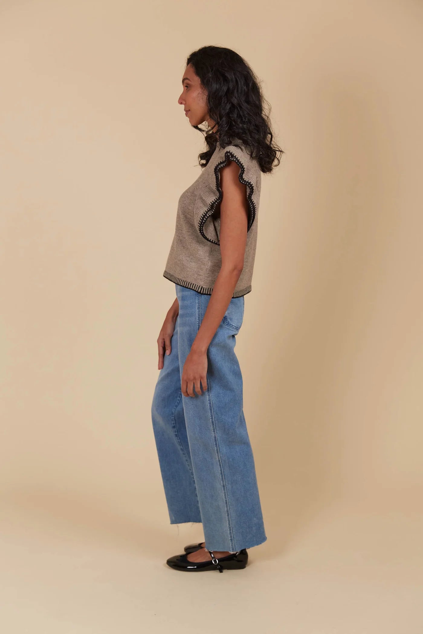 ISLE Athena Frill Knit Top TAUPE