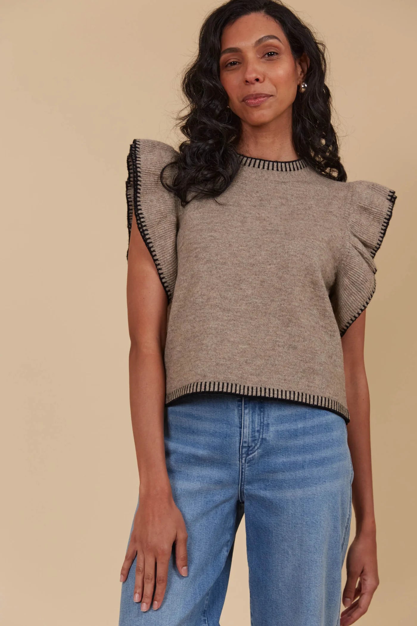 ISLE Athena Frill Knit Top TAUPE