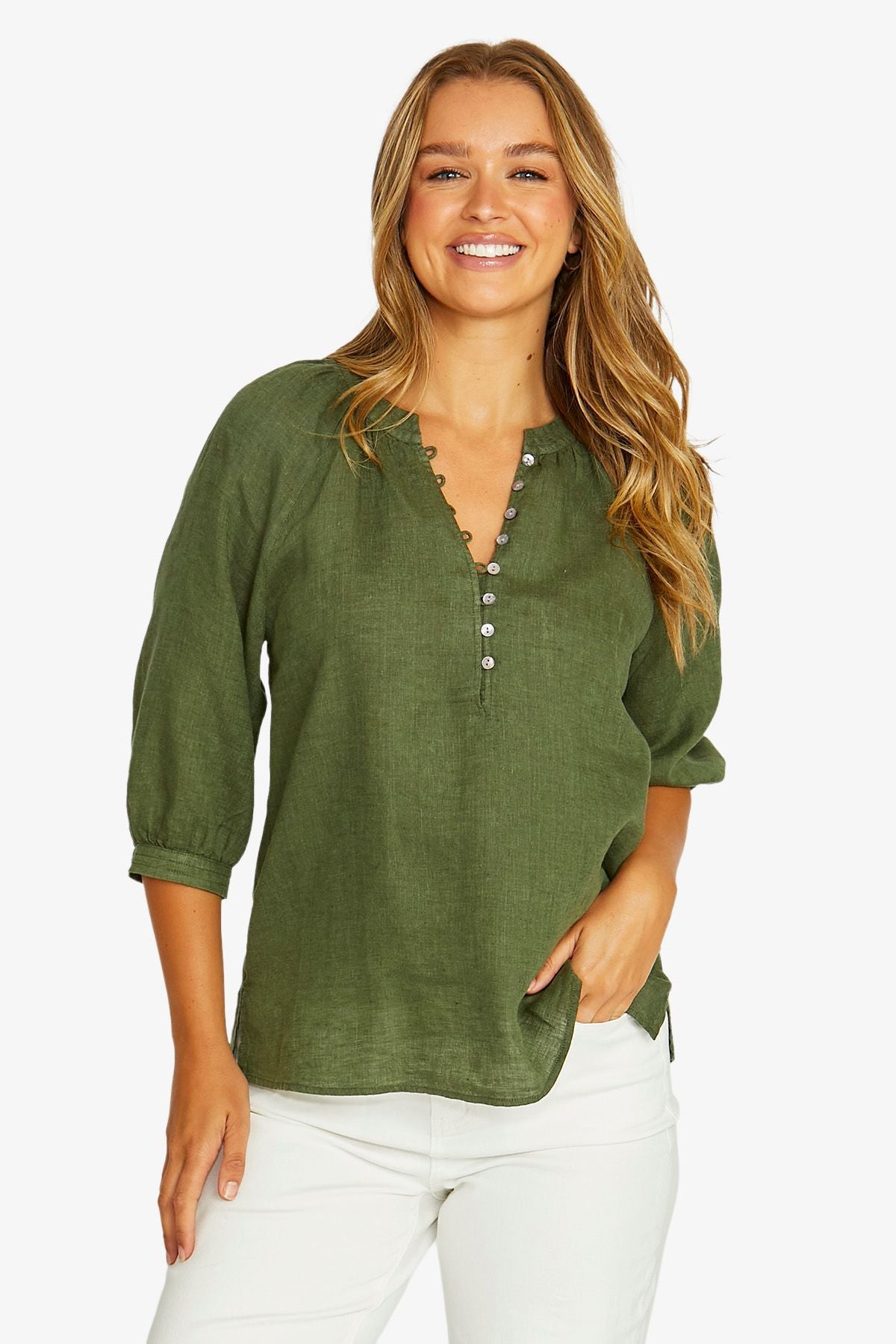 JUMP Button Neck Top EVERGREEN