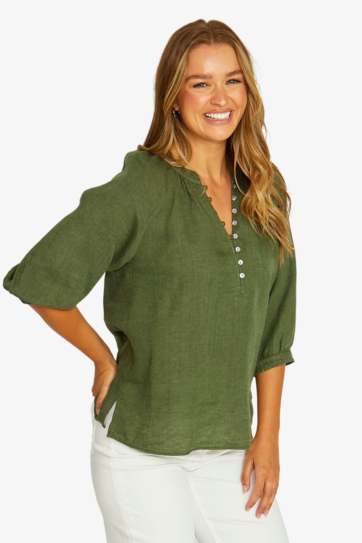 JUMP Button Neck Top EVERGREEN