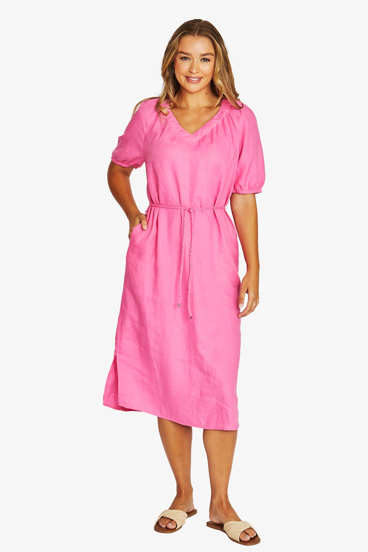 JUMP V Neck Dress HOT PINK