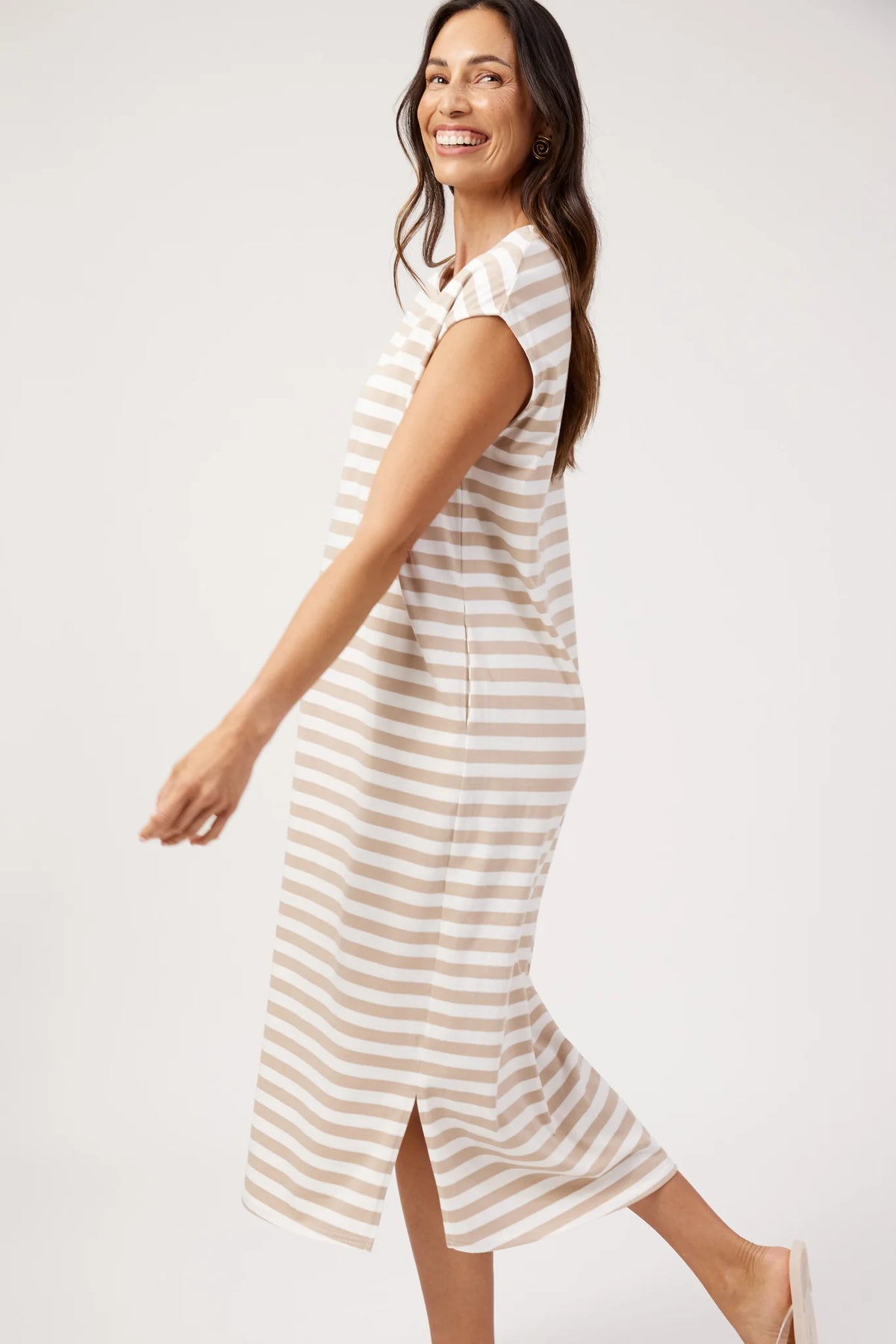 HAVEN Kos Stripe Tshirt Dress SAND