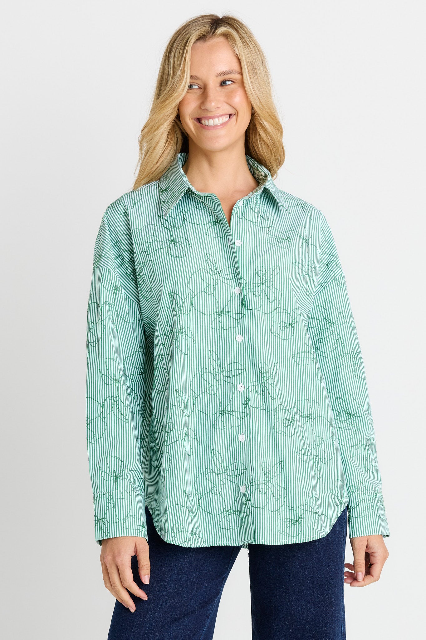 BETTY BASICS Sage Shirt GREEN STRIPE