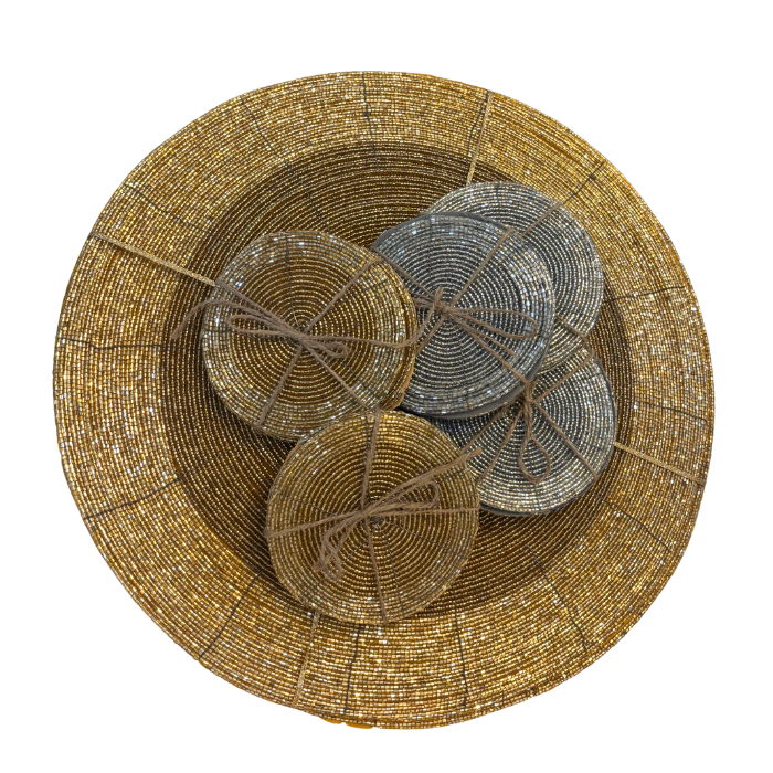 Beaded Coasters SILVER Set 4