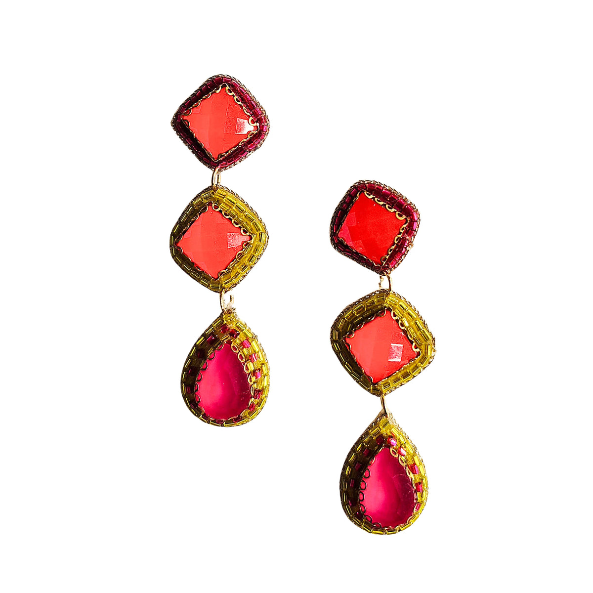 Beaded Triple Drop Earrings HOT PINK