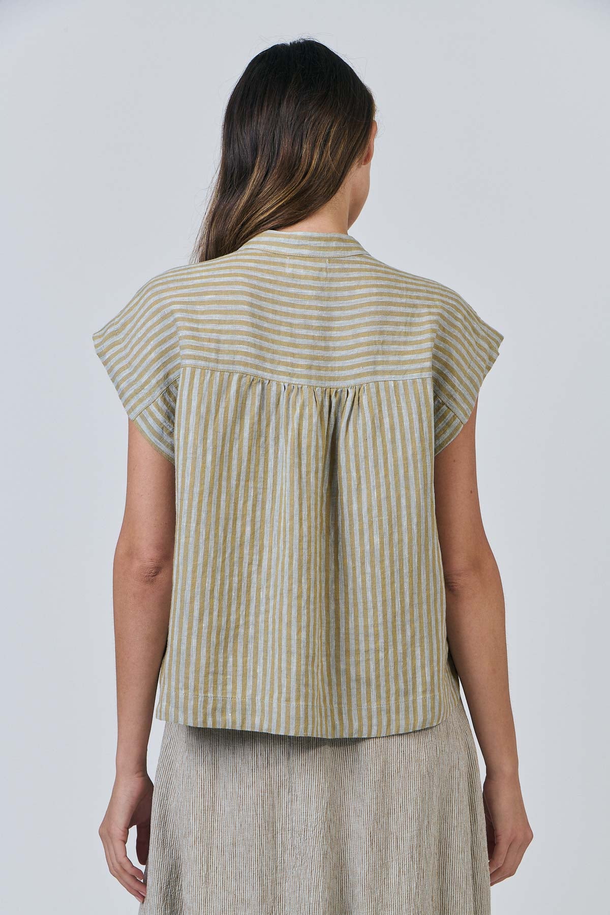 OLIVE ET JULIE Linen Button Top SAGE STRIPE