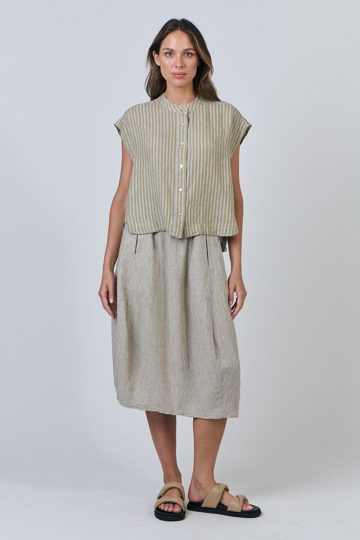 OLIVE ET JULIE Linen Button Top SAGE STRIPE