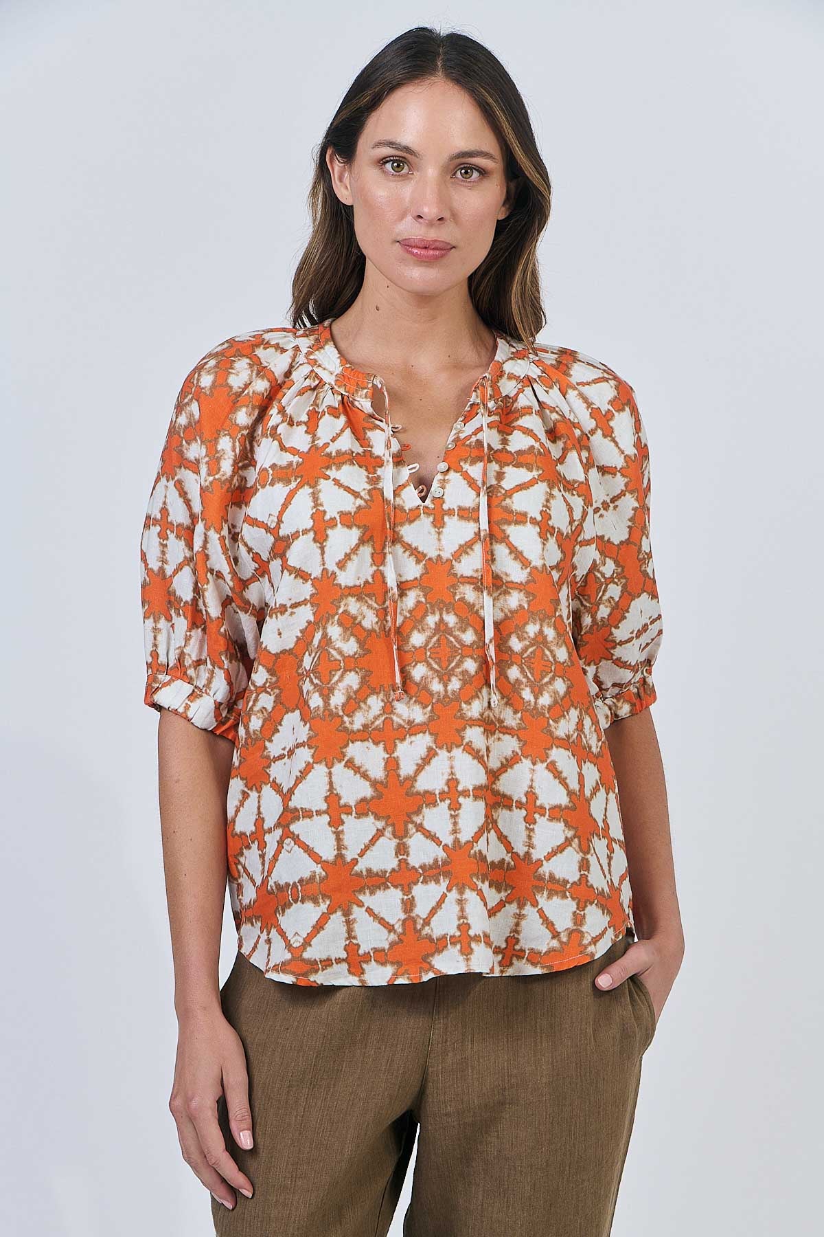 OLIVE ET JULIE Linen Sleeved Top ORANGE URCHIN