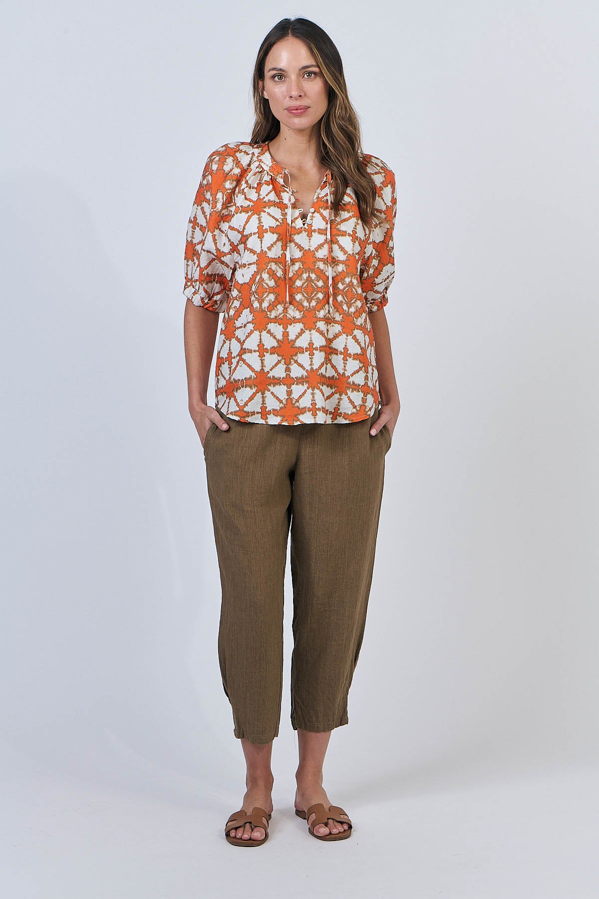 OLIVE ET JULIE Linen Sleeved Top ORANGE URCHIN
