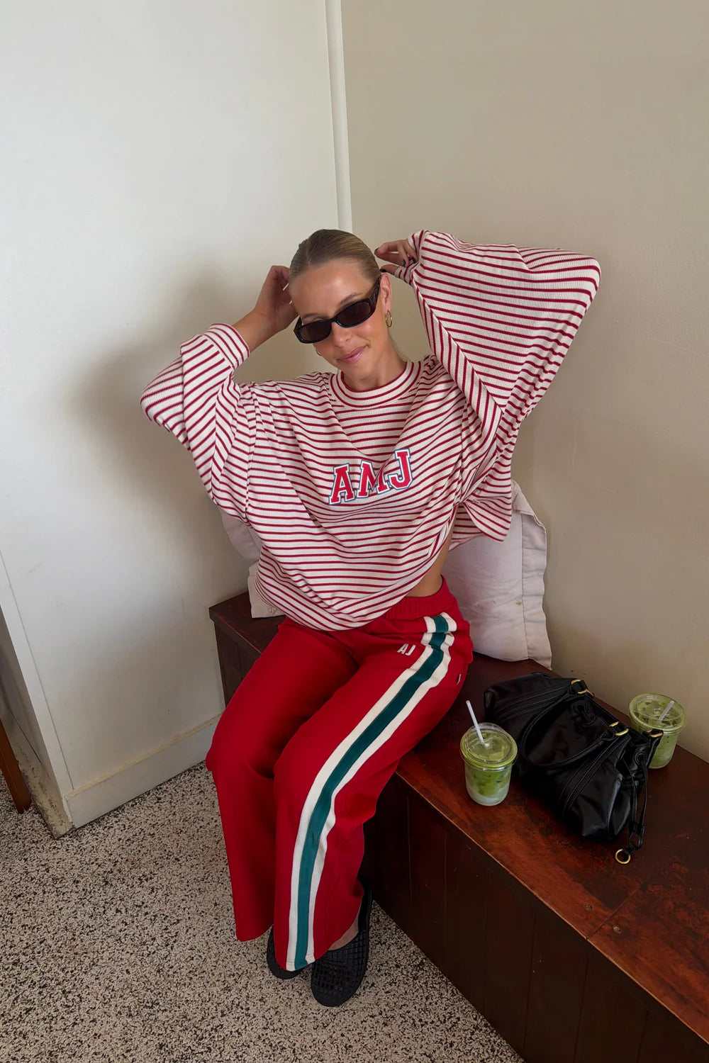 ARAMINTA JAMES Waffle Long Sleeve Top RED ALERT