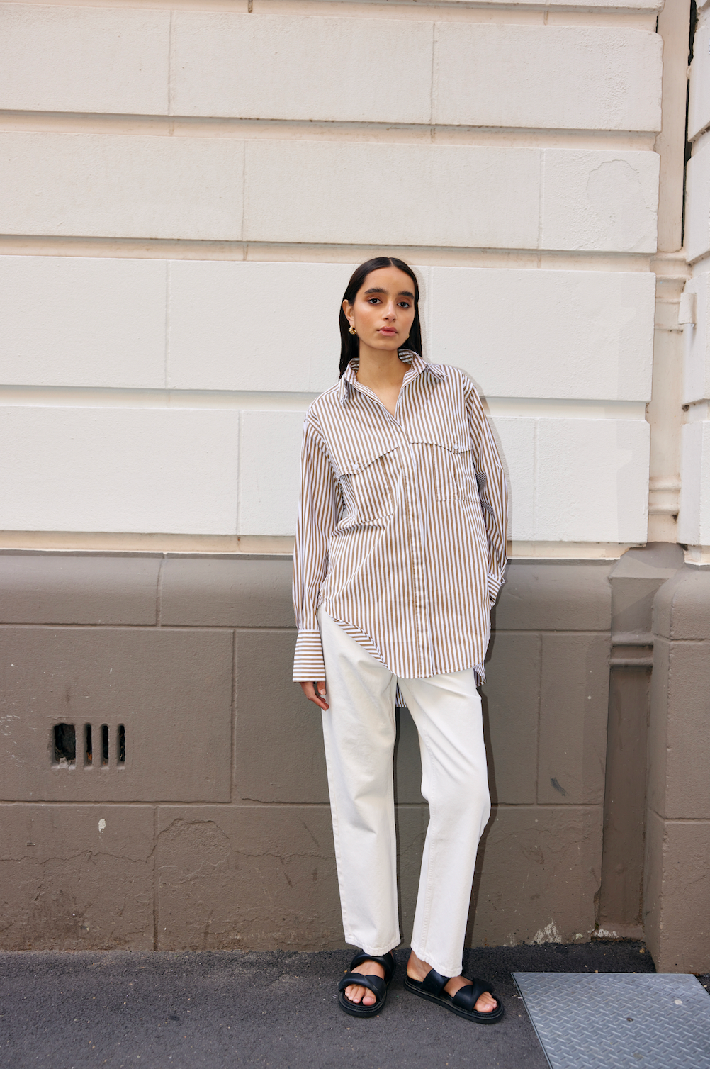 KINNEY Riley Shirt STONE/IVORY STRIPE