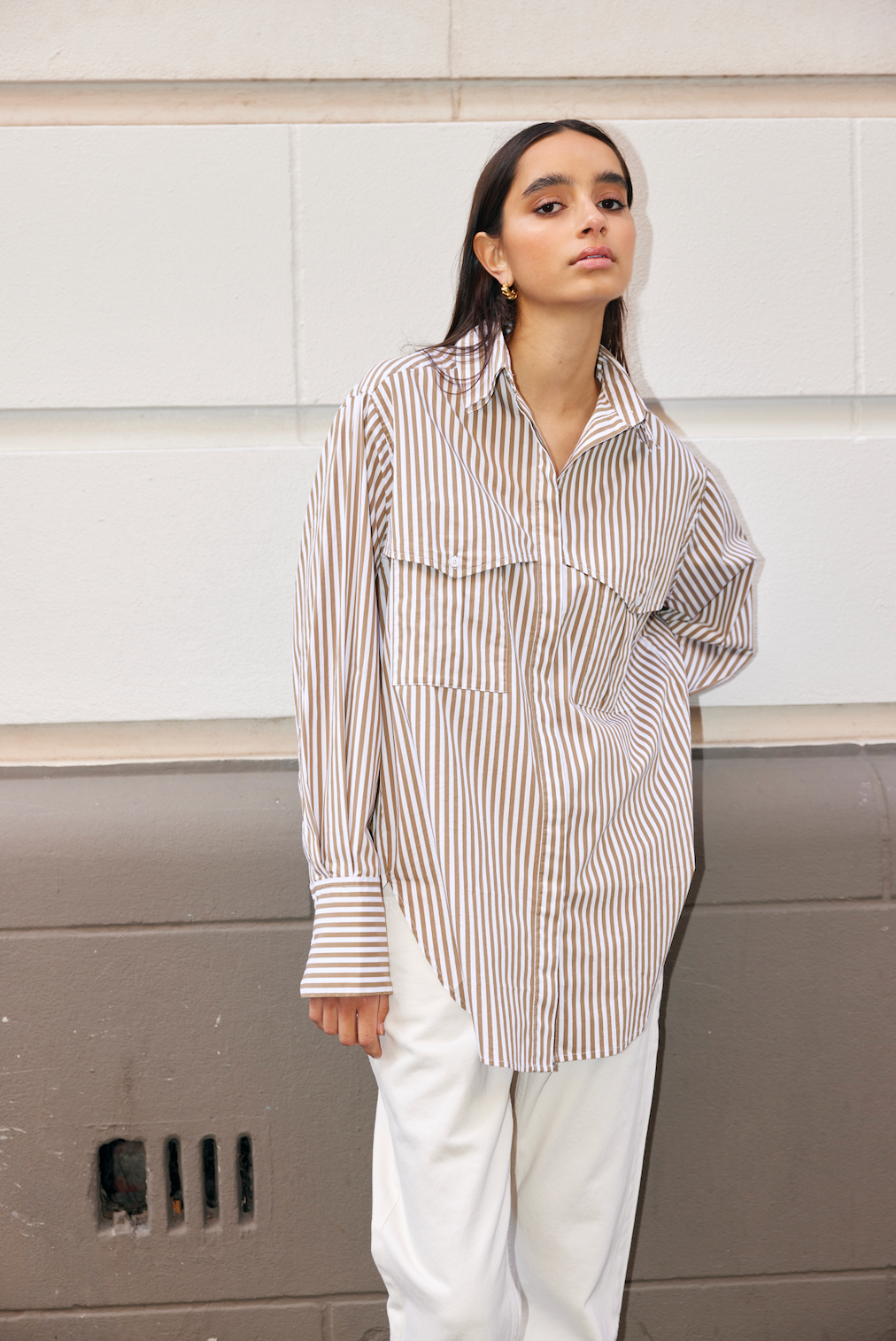 KINNEY Riley Shirt STONE/IVORY STRIPE