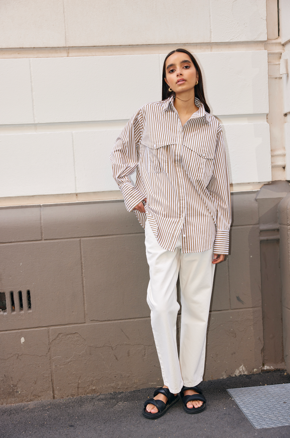 KINNEY Riley Shirt STONE/IVORY STRIPE
