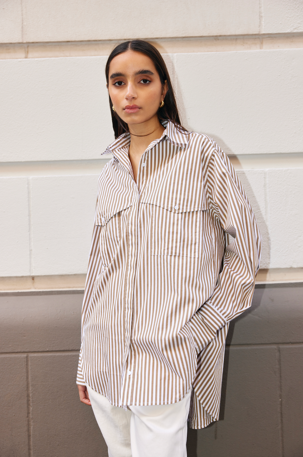KINNEY Riley Shirt STONE/IVORY STRIPE