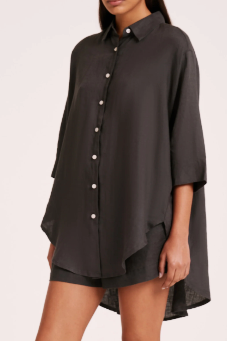 NUDE LUCY Lounge Linen Longline Shirt COAL