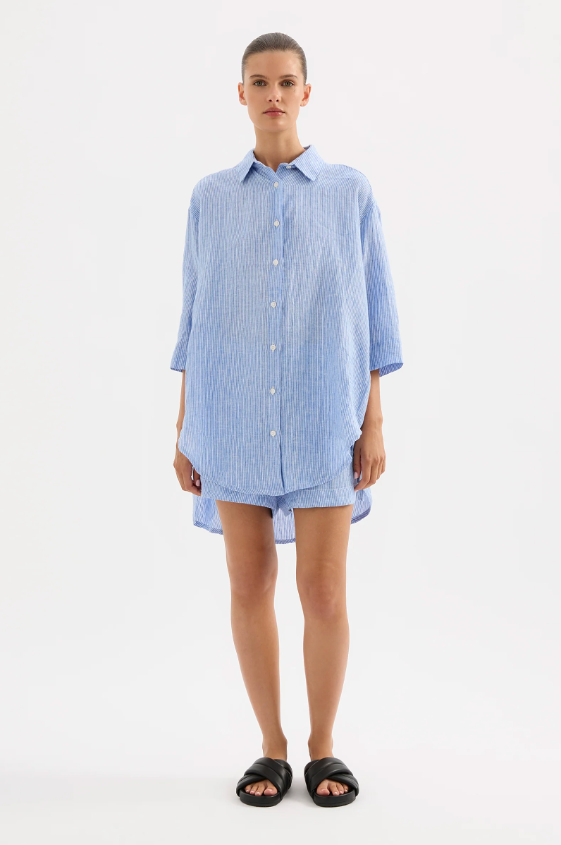 NUDE LUCY Lounge Long Linen Shirt BLUE STRIPE