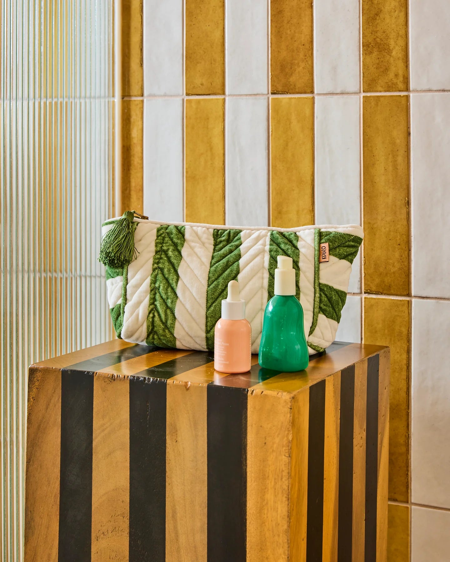 KIP & CO Moss Stripe Velvet Toiletry Bag