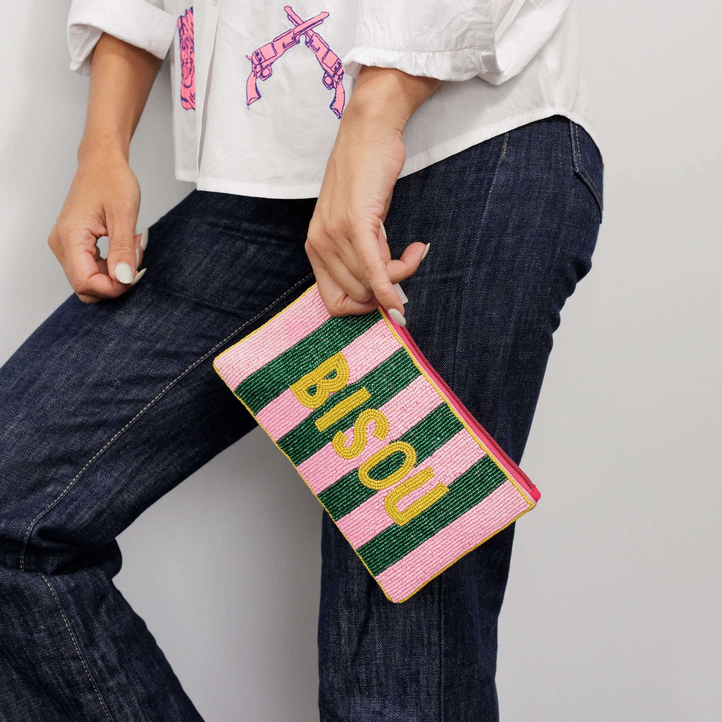 BISOU Beaded Clutch PINK GREEN STRIPE
