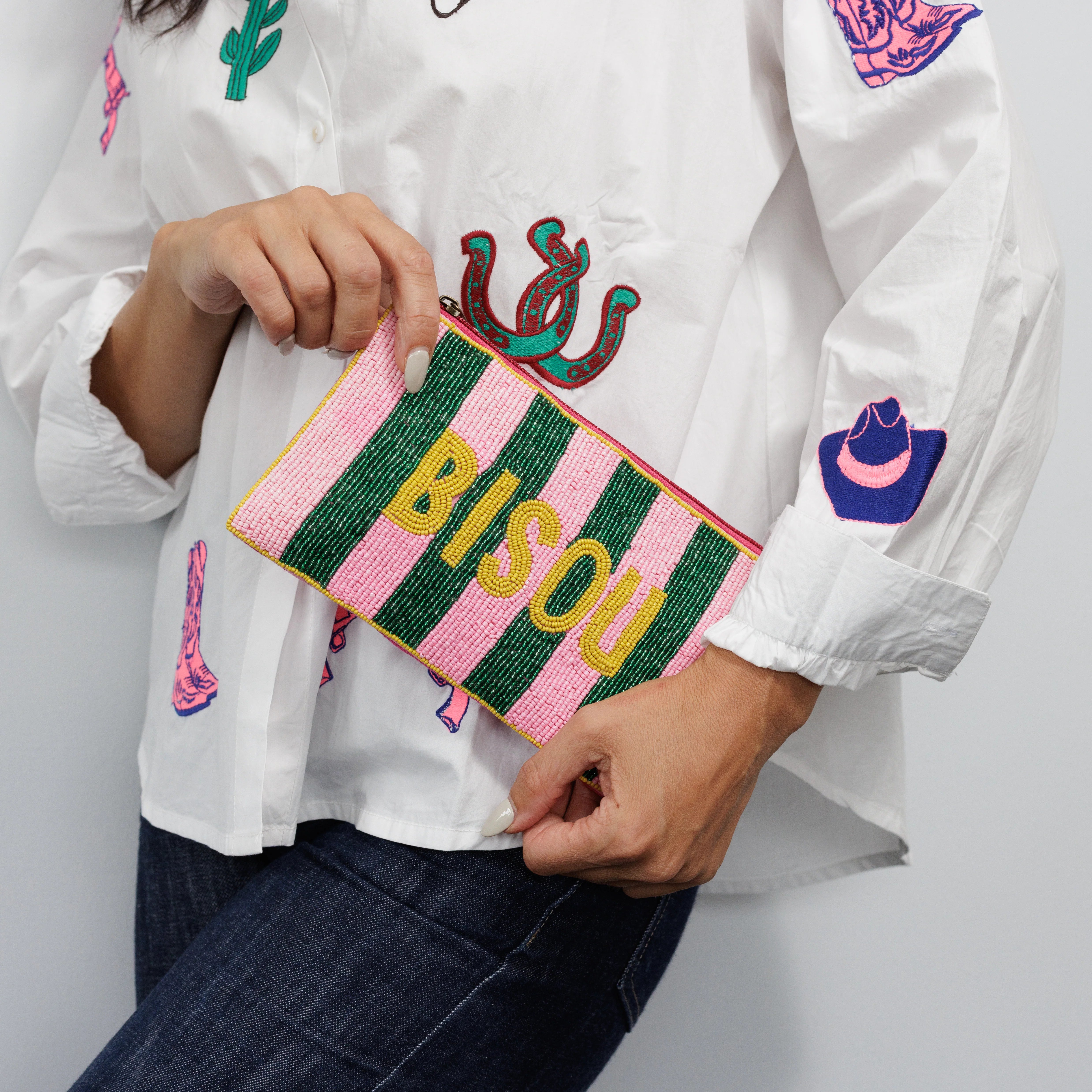 BISOU Beaded Clutch PINK GREEN STRIPE