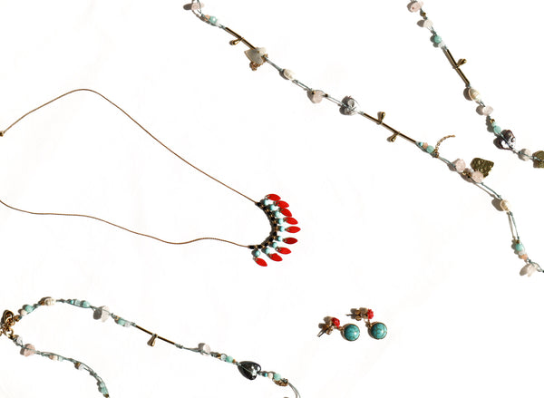 FH23 Gold Chain Necklace Turquoise & Red Charms