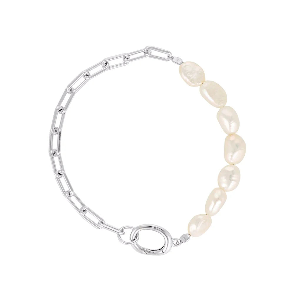 LINDA Paperclip Baroque Pearl Bracelet SILVER