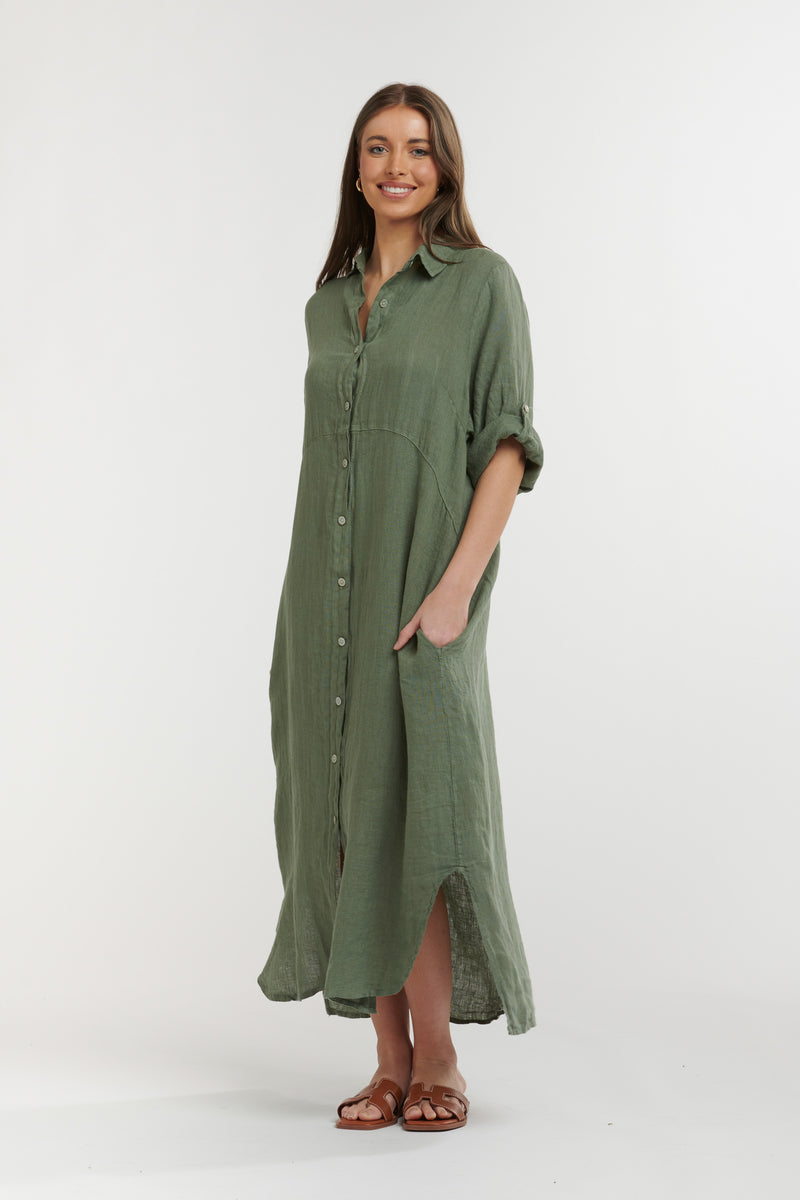 URBAN LUXURY Linen Button Dress MILITARY