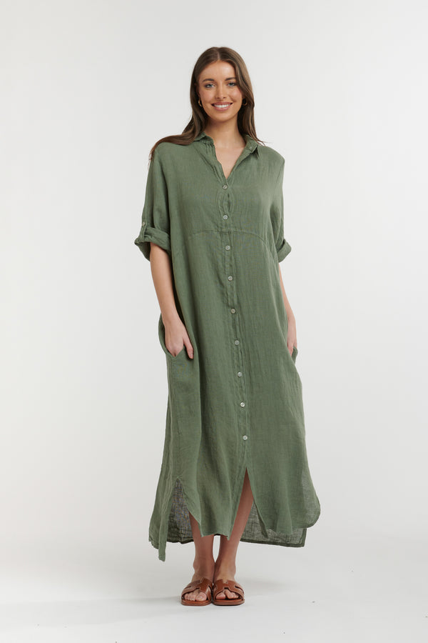 URBAN LUXURY Linen Button Dress MILITARY