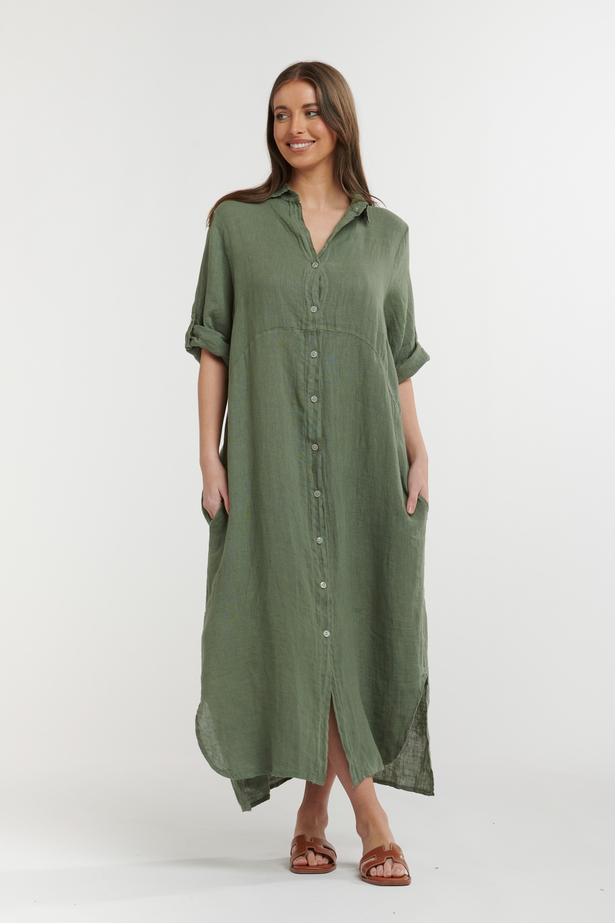 URBAN LUXURY Linen Button Dress MILITARY
