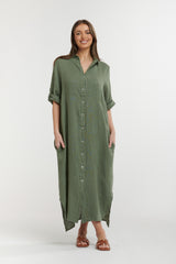 URBAN LUXURY Linen Button Dress MILITARY