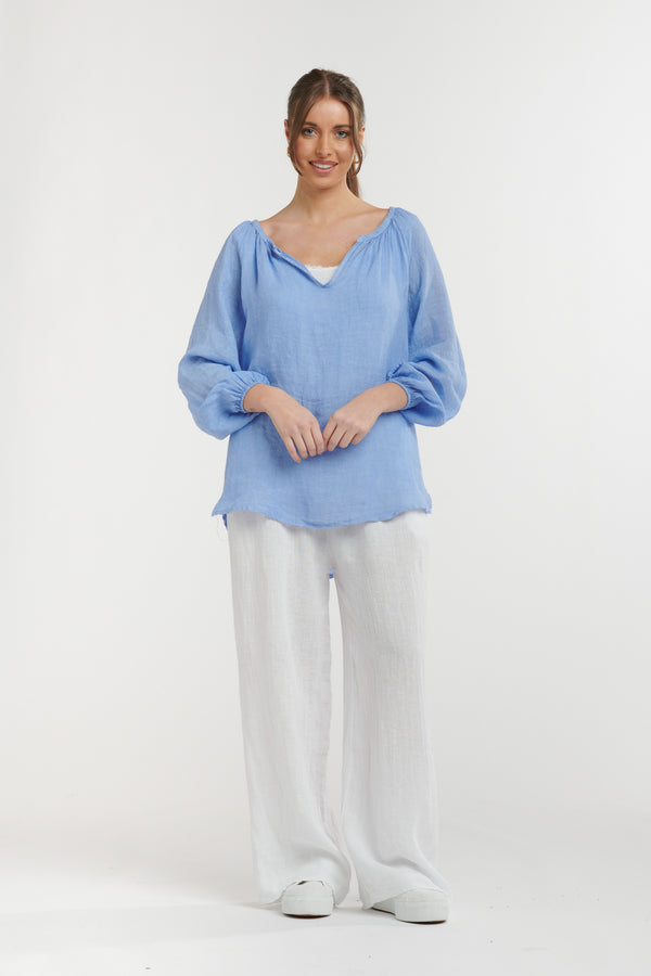 URBAN LUXURY Linen Top CORNFLOWER