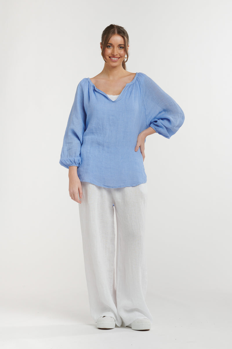 URBAN LUXURY Linen Top CORNFLOWER