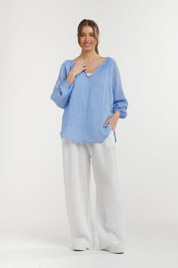 URBAN LUXURY Linen Top CORNFLOWER