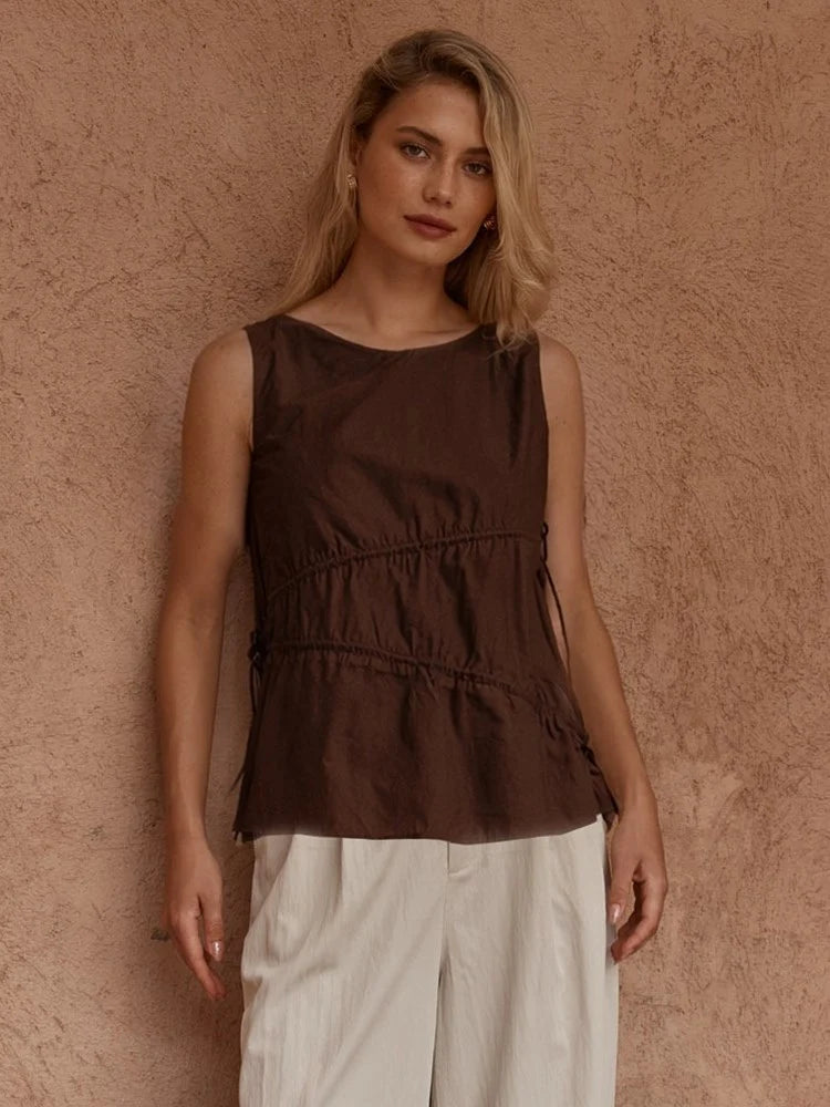 SASS Elin Gathered Tie Top CHOCOLATE