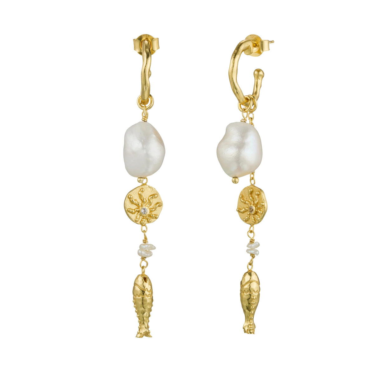MURKANI Of the Sea Fish & Pearl Long Earrings GOLD