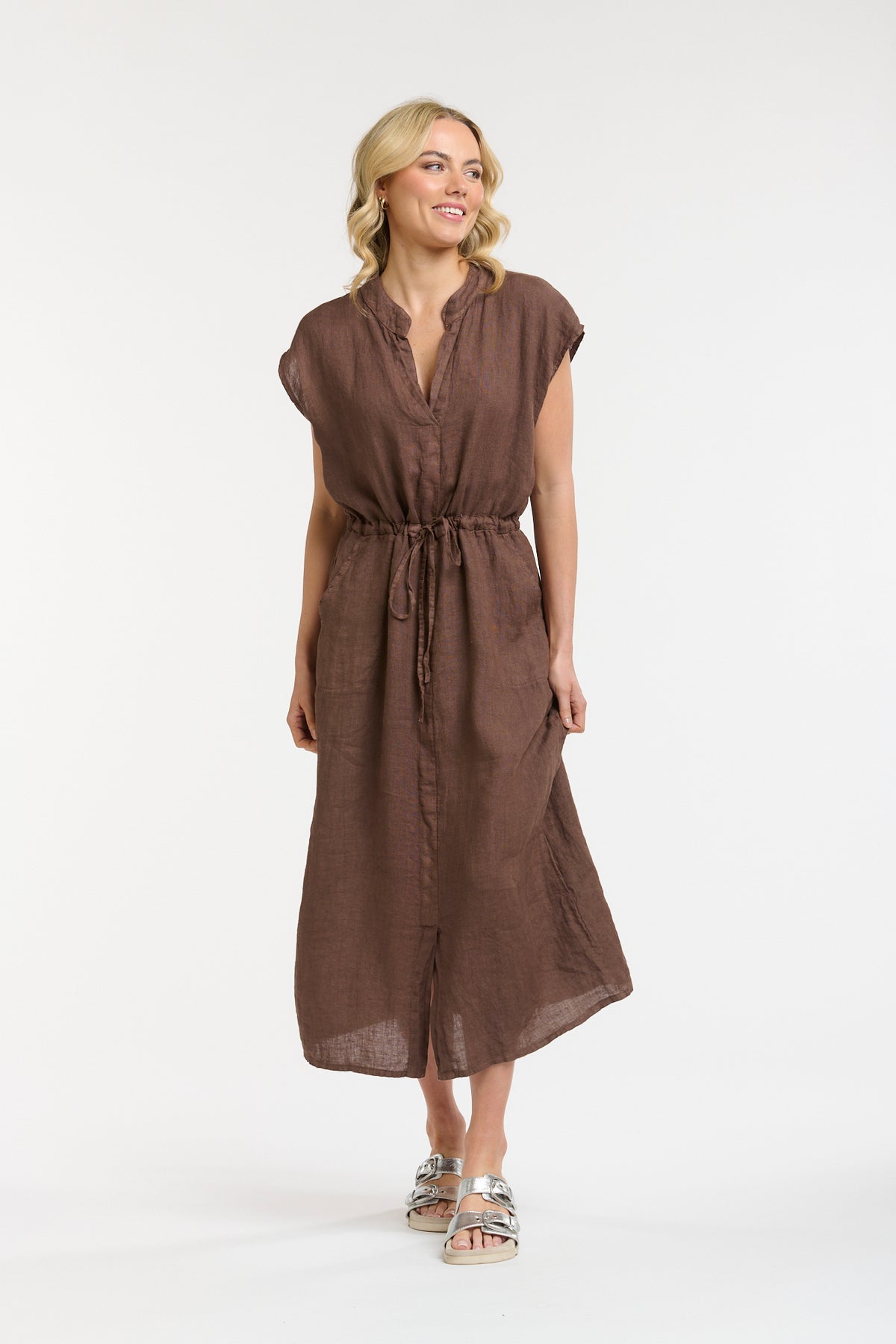 URBAN LUXURY Linen Sleeveless Dress CHOC