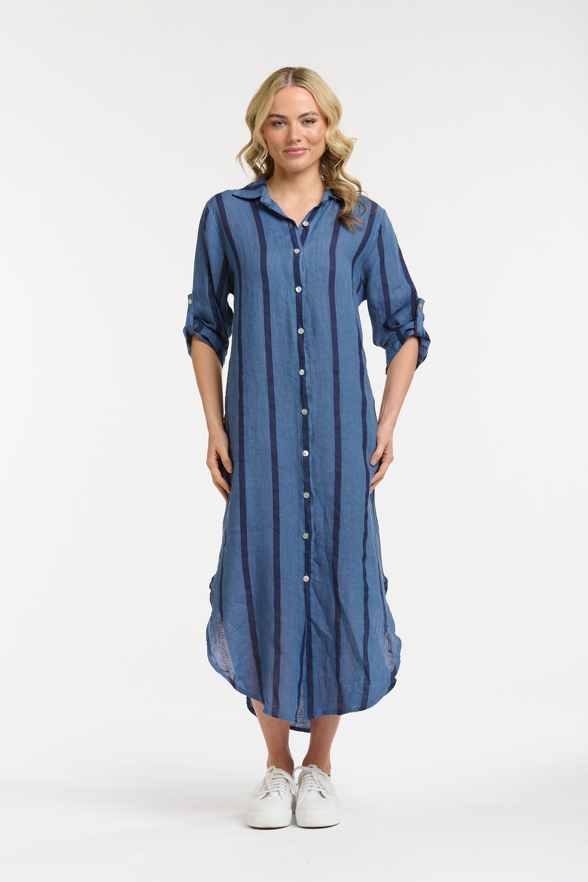 URBAN LUXURY Linen Stripe Dress DENIM/BLUE