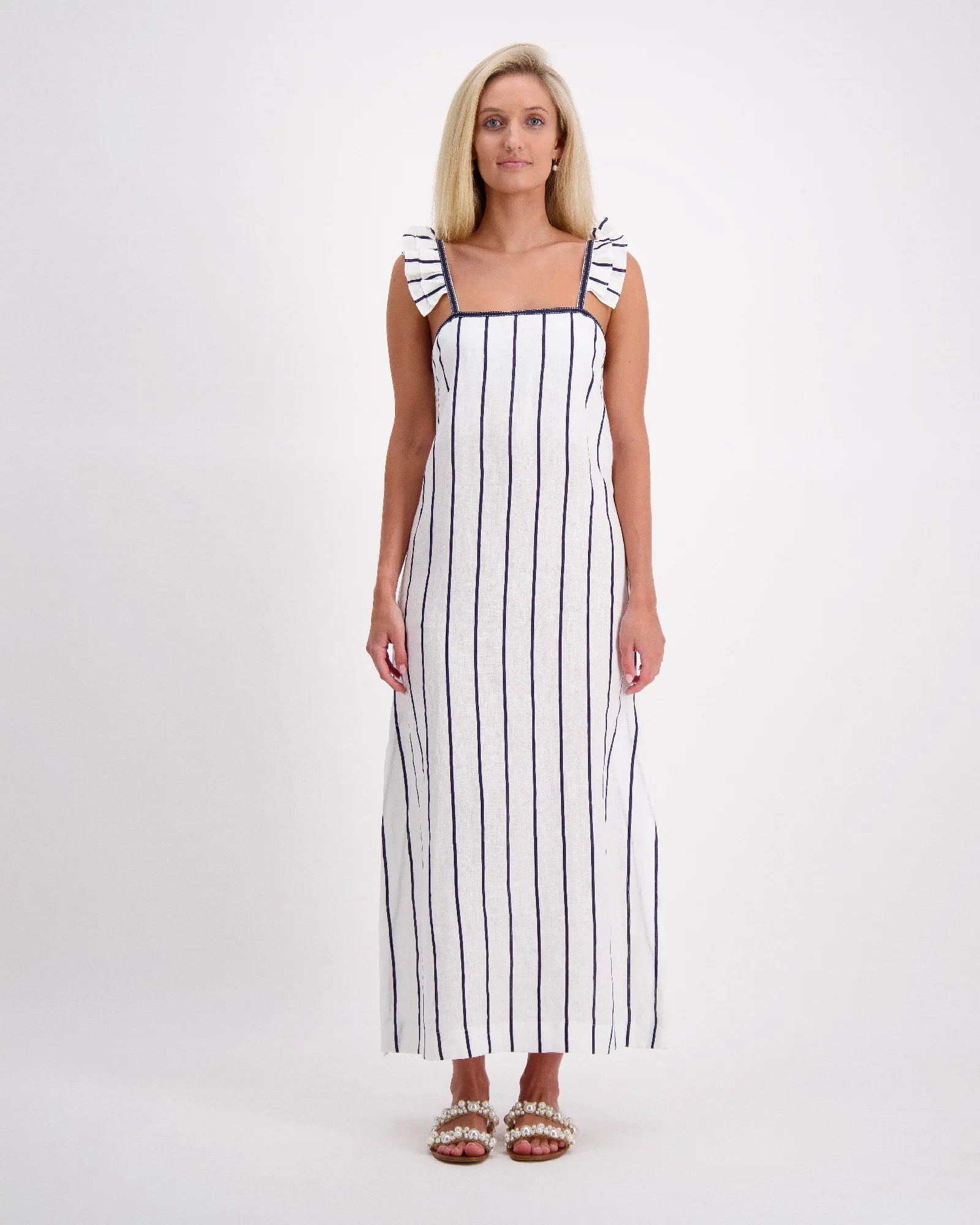 LUONI Tia Dress with Ribbon WHITE & NAVY