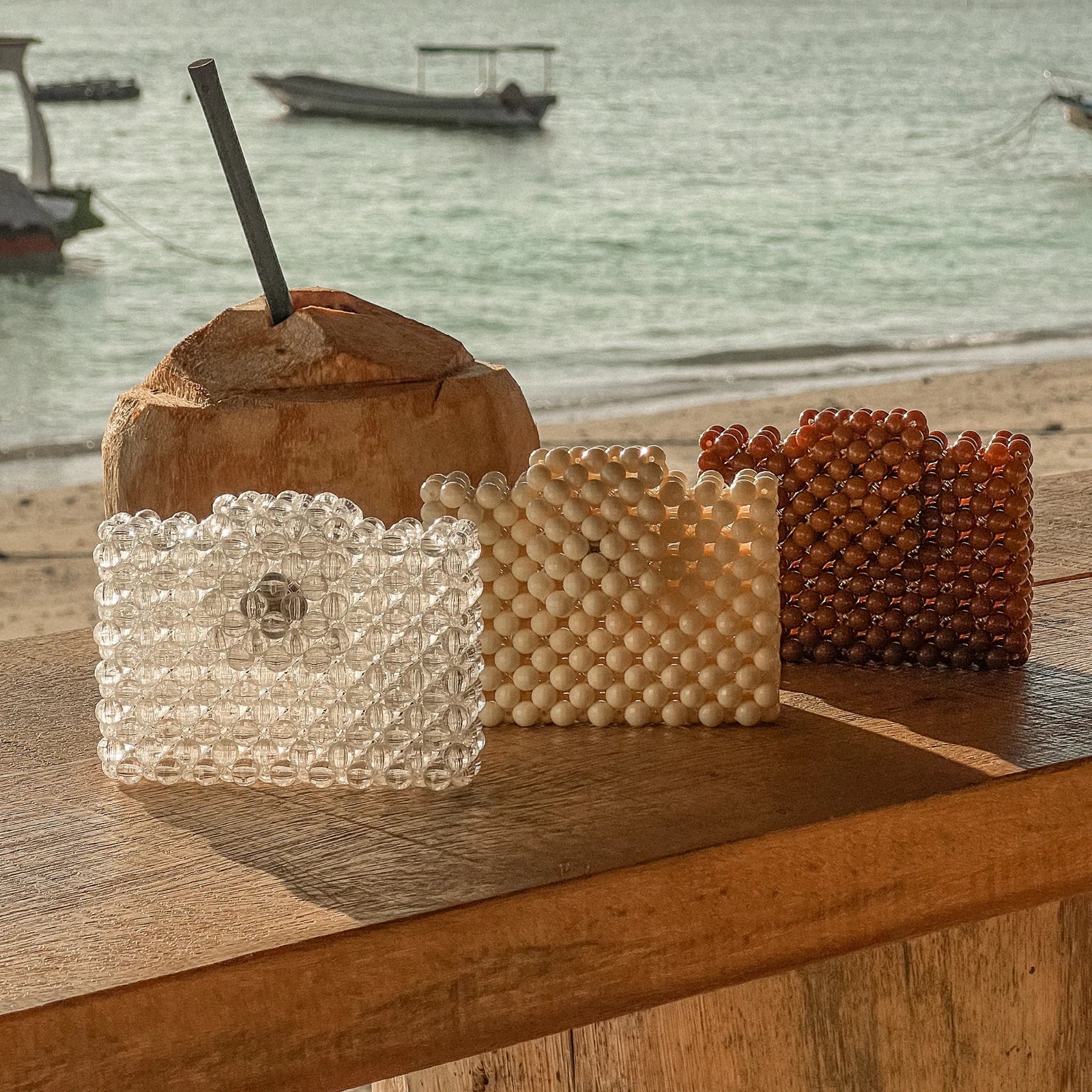 ISLAND TRADERS Beaded Cardholder CREAM