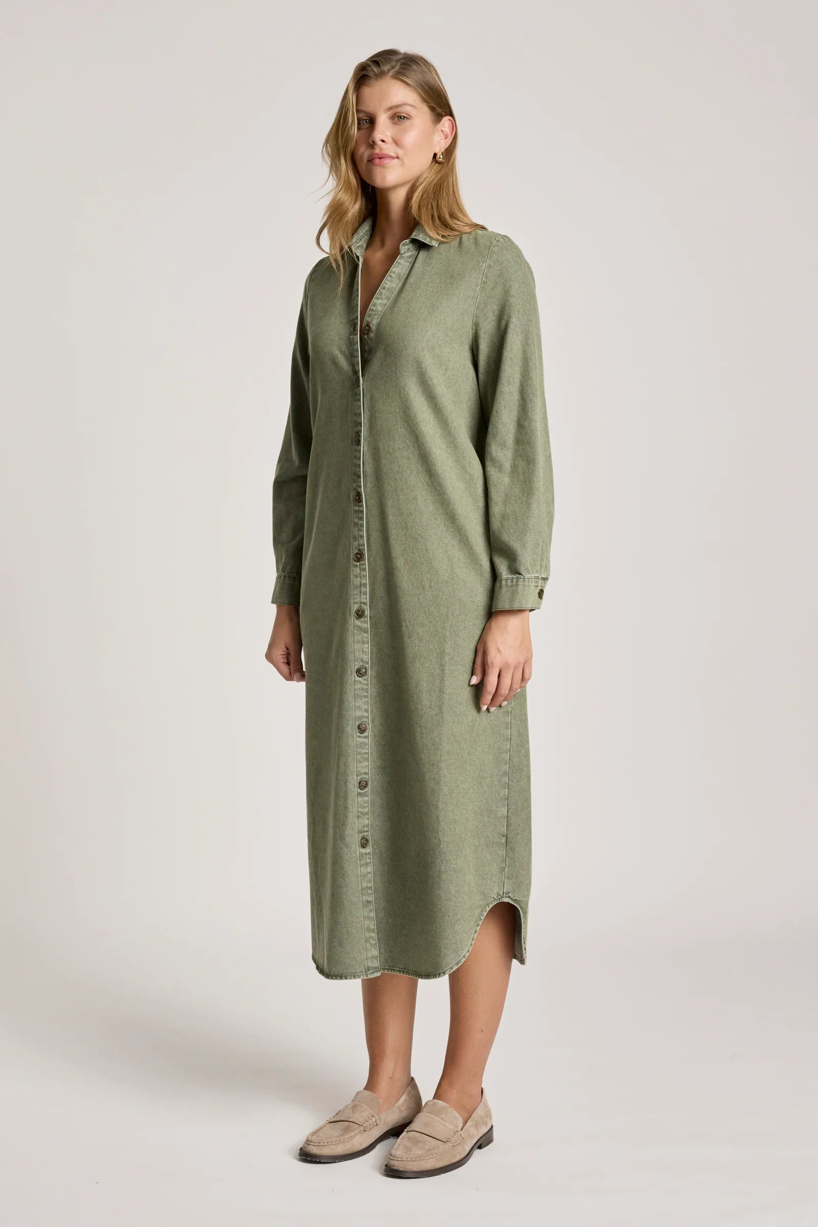 EB & IVE Bodhi Denim Shirt Dress OLIVE