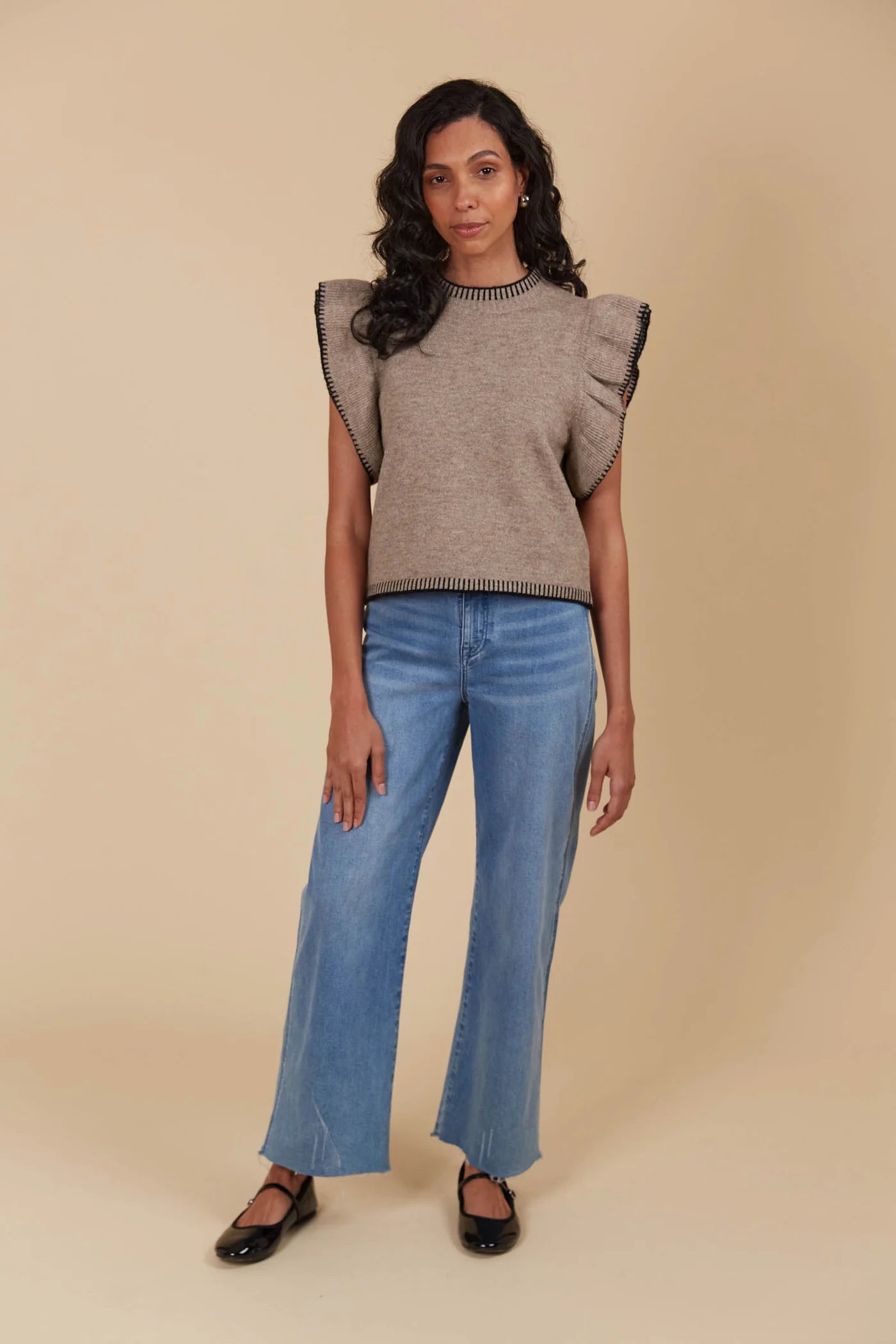 ISLE Athena Frill Knit Top TAUPE