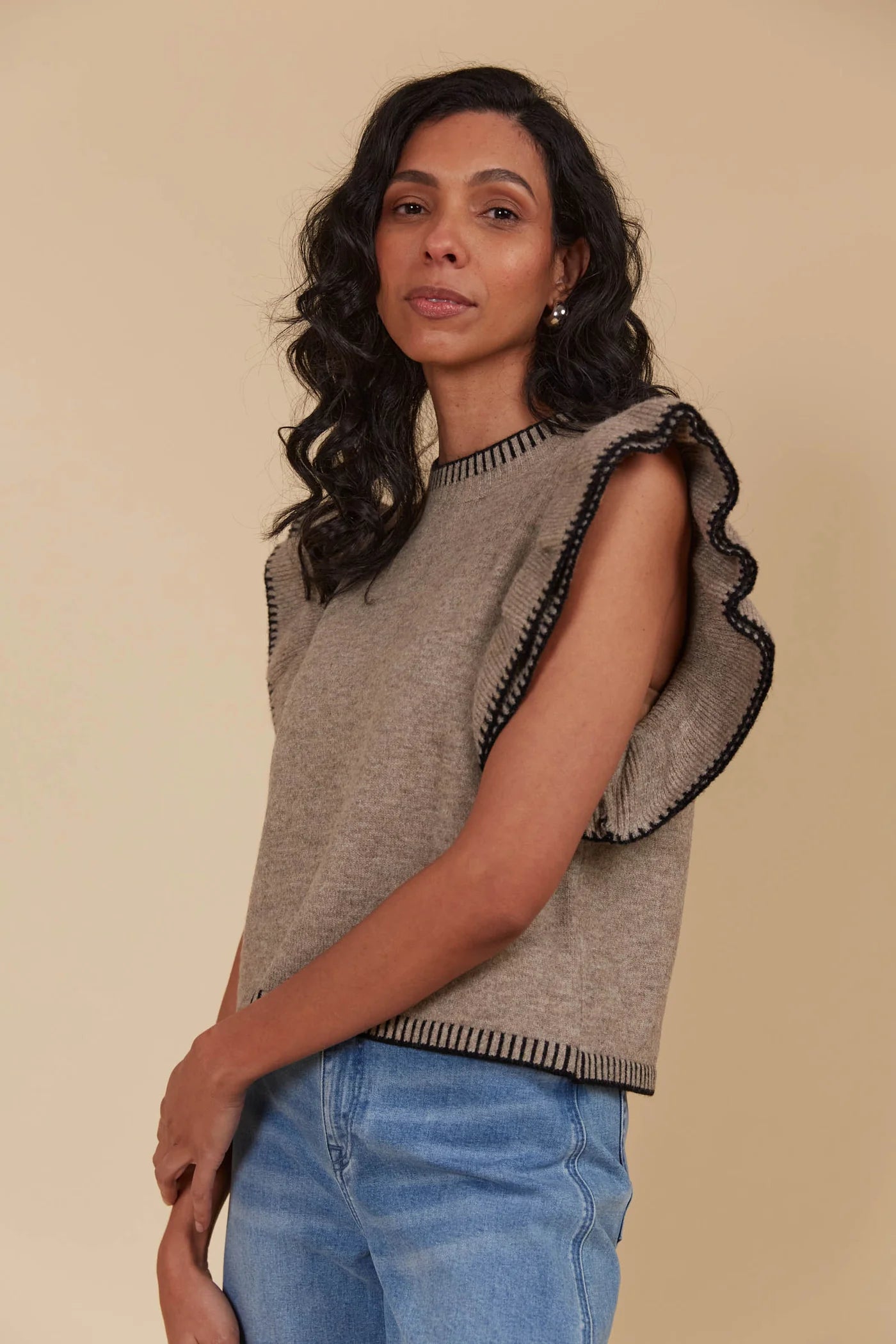 ISLE Athena Frill Knit Top TAUPE