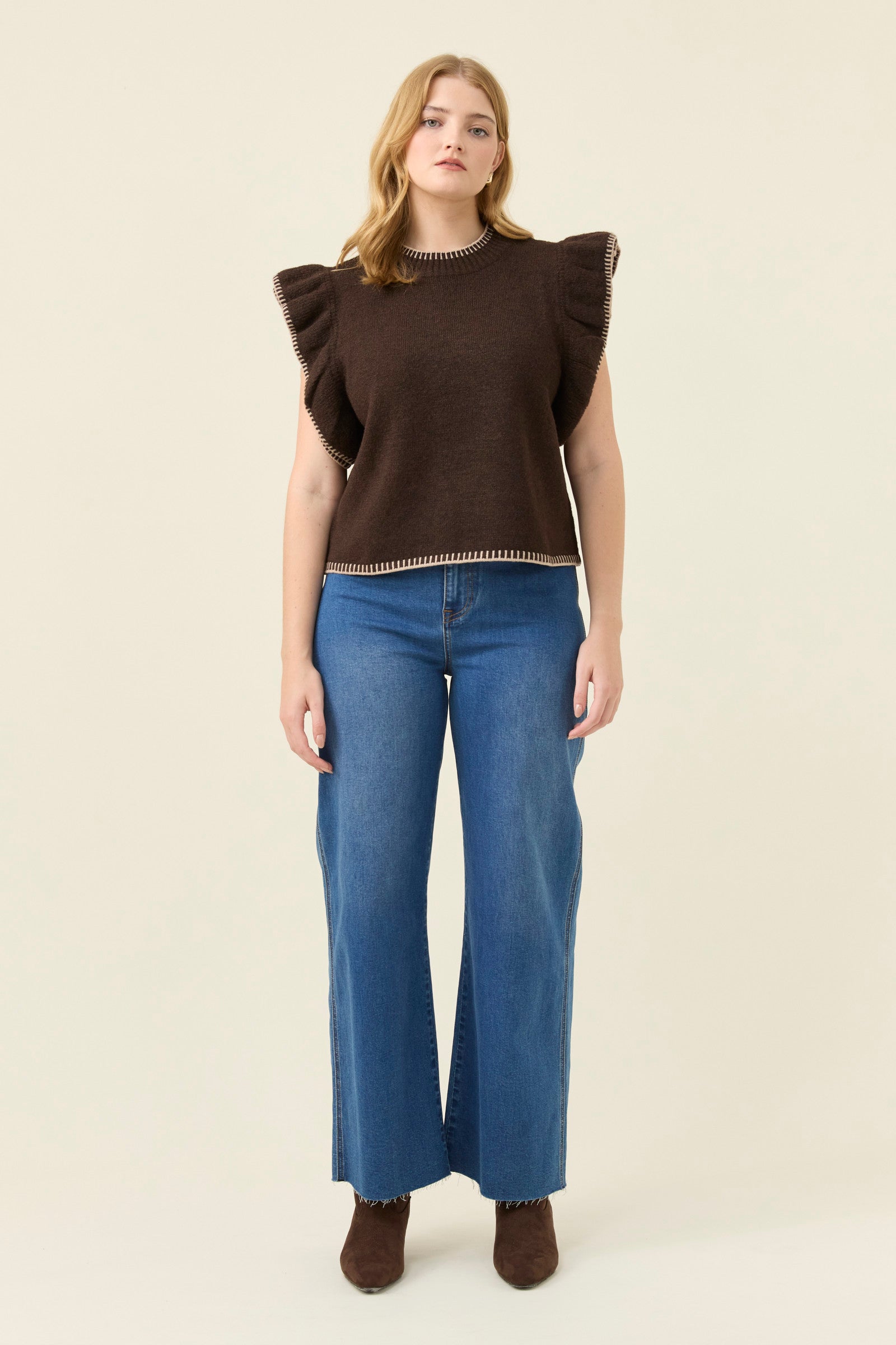 ISLE OF MINE Athena Frill Knit Top CHOCOLATE