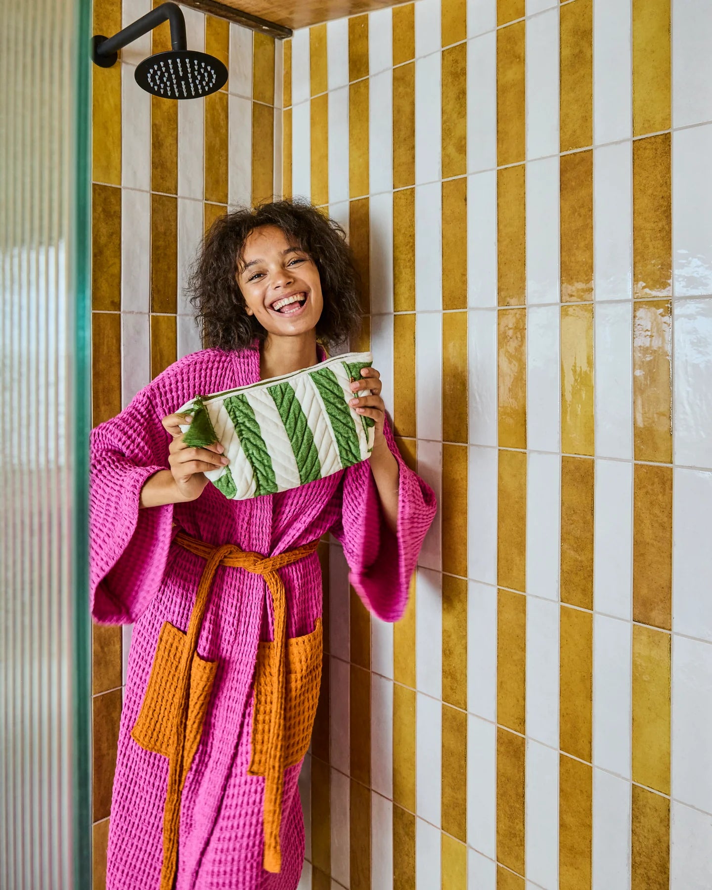 KIP & CO Moss Stripe Velvet Toiletry Bag