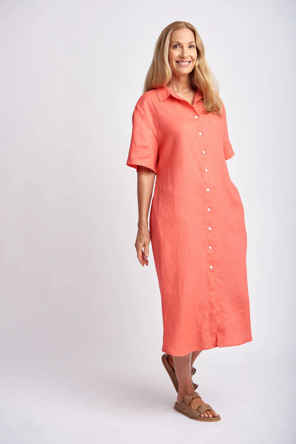 GOONDIWINDI Short Sleeve Linen Dress CORAL