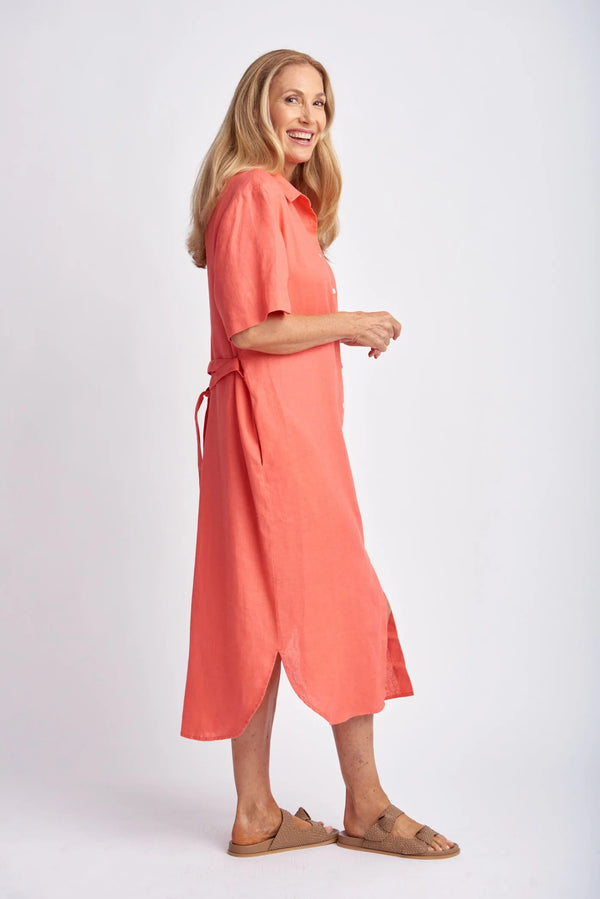 GOONDIWINDI Short Sleeve Linen Dress CORAL