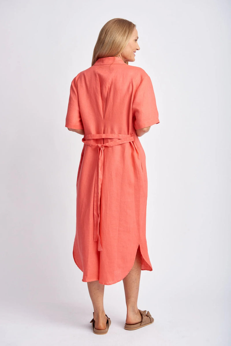 GOONDIWINDI Short Sleeve Linen Dress CORAL